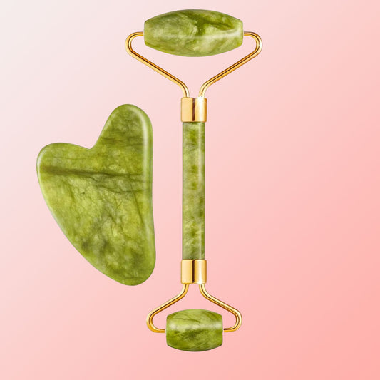 Cadeau: Jade Gezichtsroller en Gua Sha Massageset